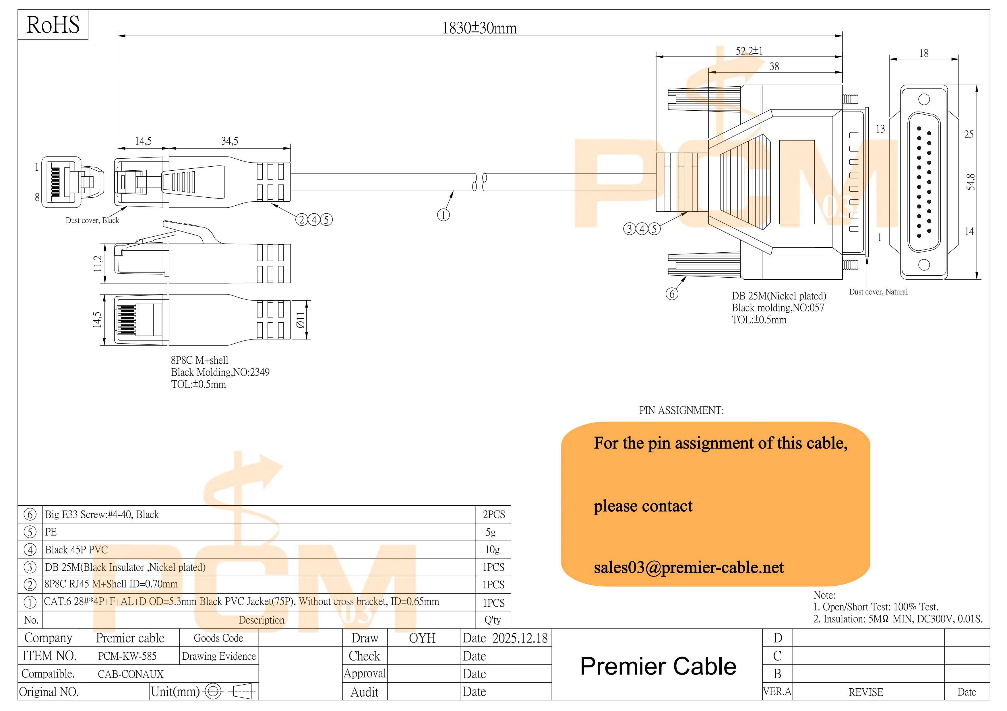 Cisco Compatible 74-3094-01 RJ45 8P8C Male to 25 Pin DB25 Plug Connector Auxiliary Serial Network Cable CAB-CONAUX for Router