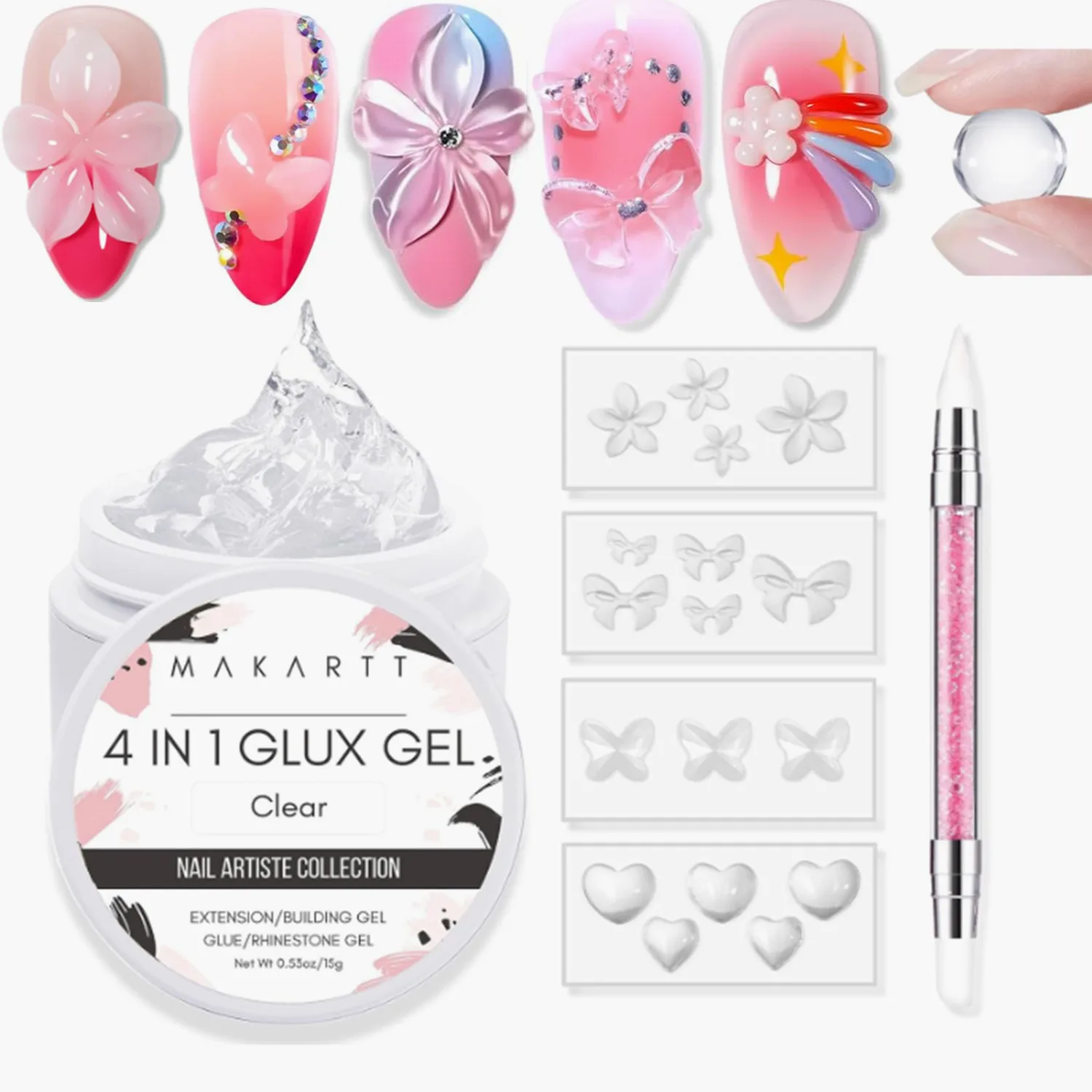 

Makartt Solid Gel Builder Kit for 3D Scupting DIY-15ML 4 in 1 Nail Extension Gel, Silicone Molds, Sculpting Brush,UV Gel Glue