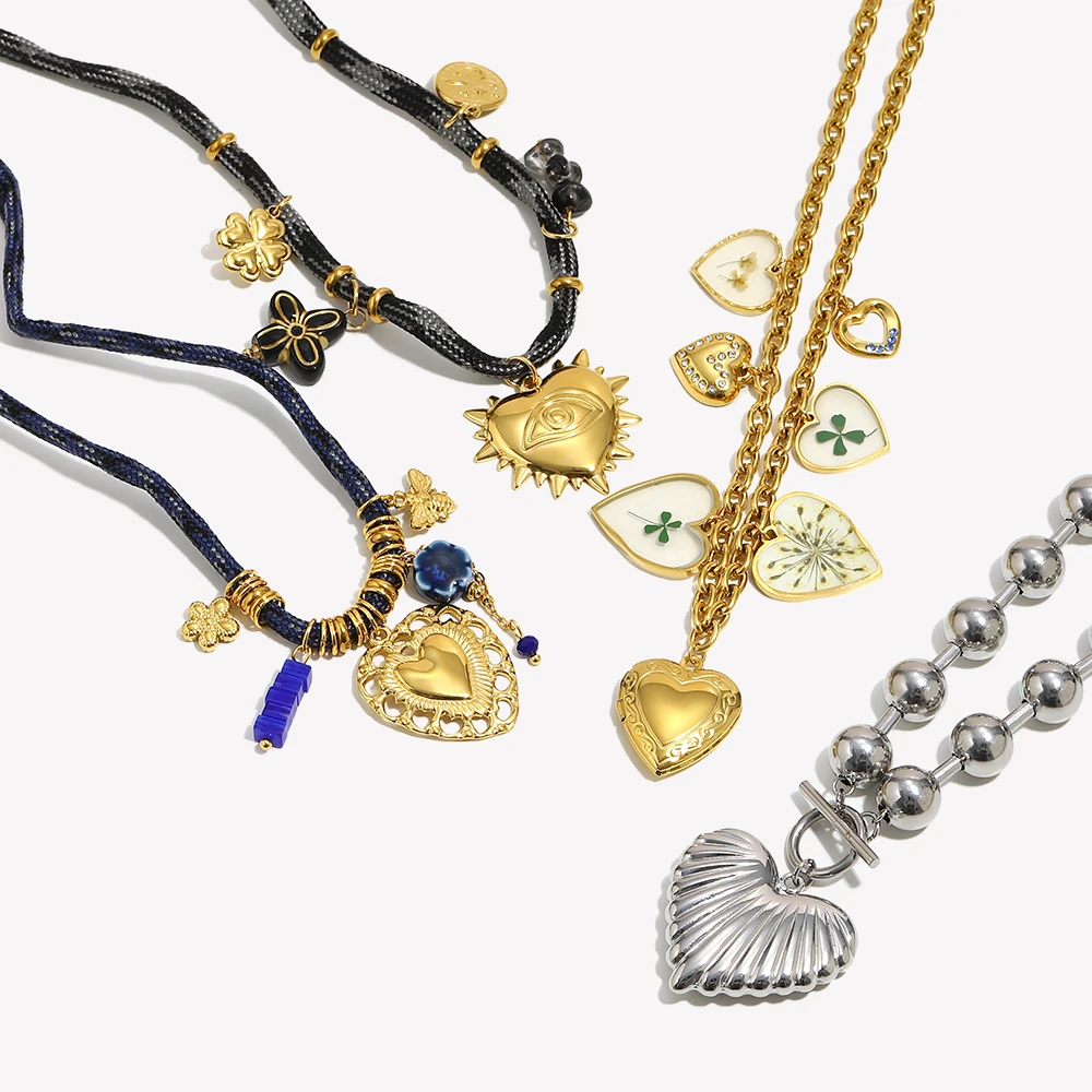 E.B.belle Striped Heart Necklace OT Buckle Large Size Round Beads Chain 18K Gold Plated Stainless Steel Women Jewelry