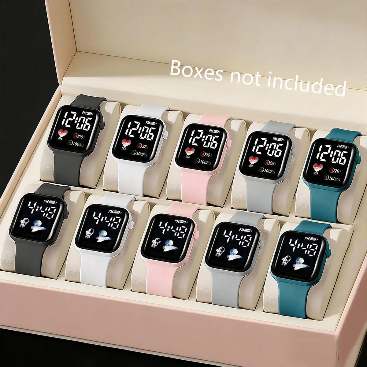 10-Piece Set, Casual and Simple Cartoon Led Electronic Watch Set, Square Dial, Digital Display, Button Battery Powered, Multiple Colors, Suitable for Various Occasions, Unisex.