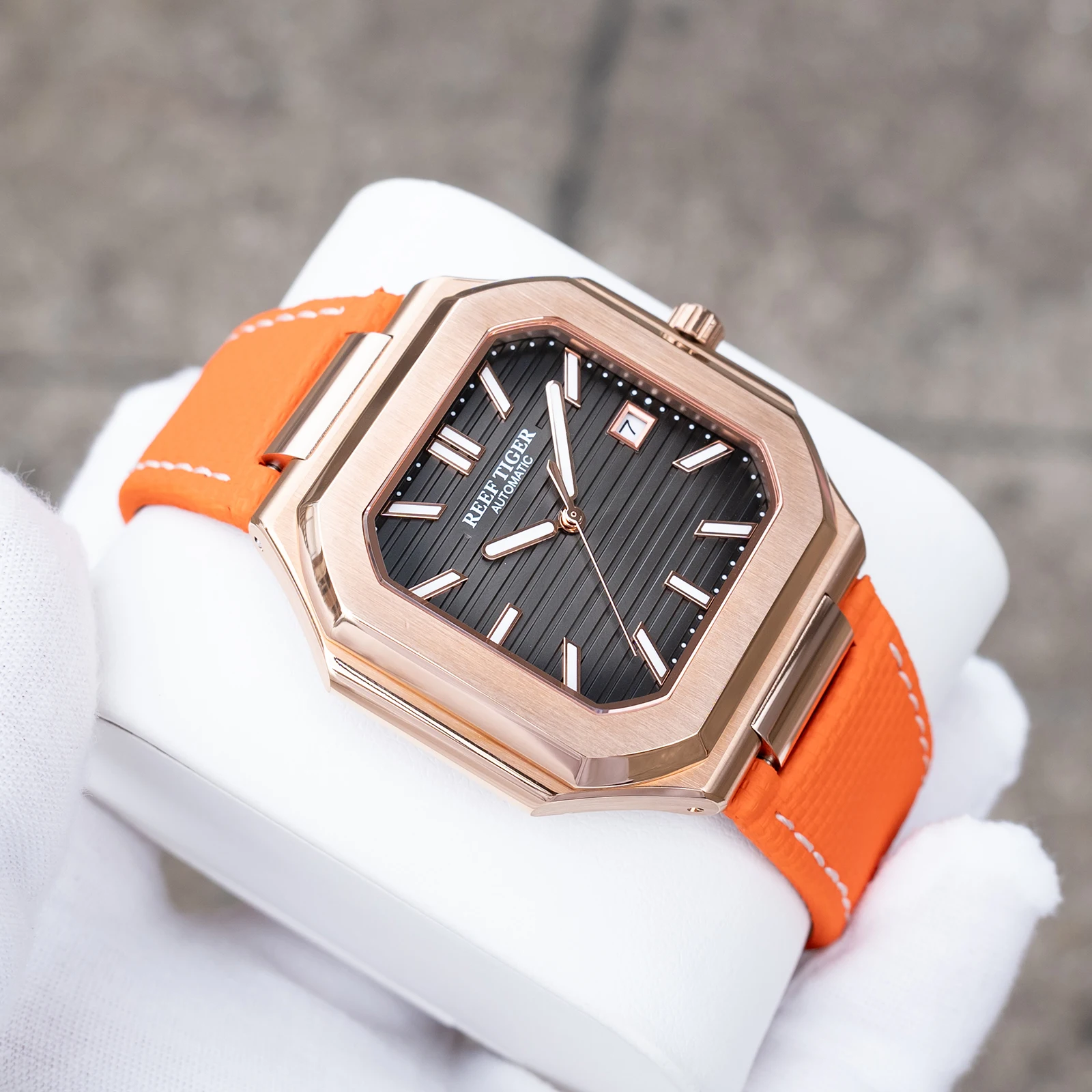 ريف النمر الفاخرة رجالي ارتفع الذهب ساعة مربعة مع تاريخ مضيئة البرتقال حزام من الجلد 50 متر مقاوم للماء الميكانيكية Relojes RGA 2015