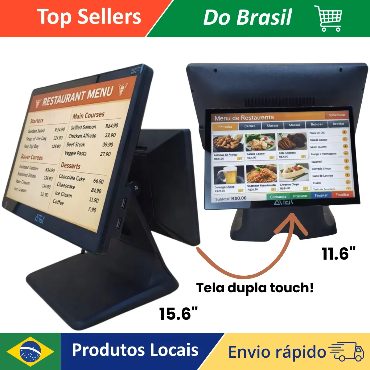 Computador PDV All in One Ponto De Venda Touch Duplo 15.6 E 11.6 8GB RAM SSD 128GB Windows 11 pro WiFi Gigabit Porta COM Serial