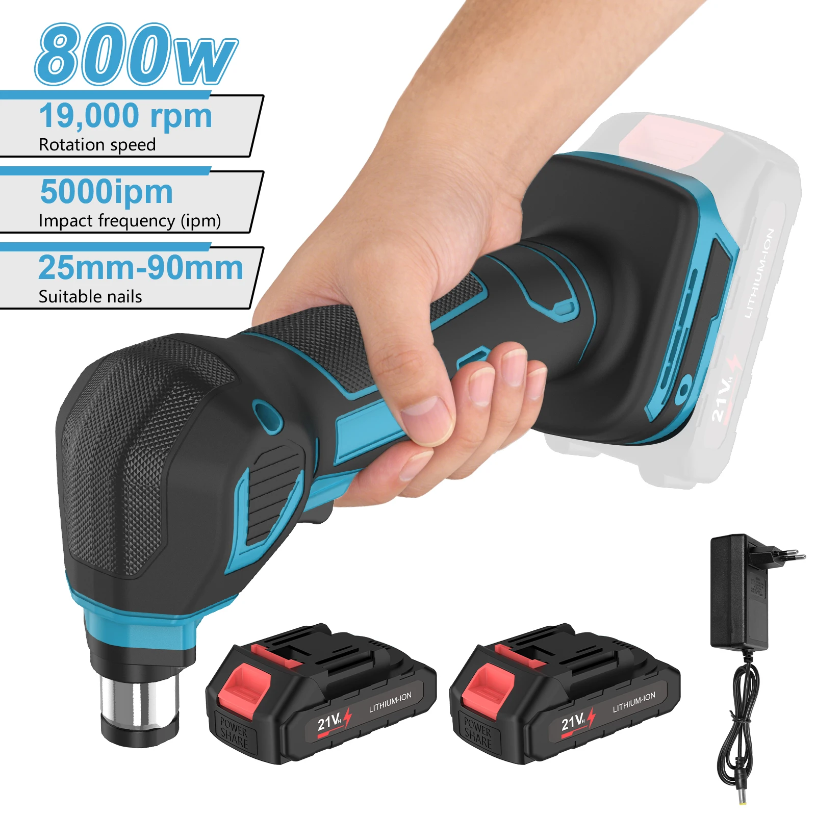 800W Kabelloser Elektrohammer 5000ipm Handnagelhammer für 25-90mm Bohrhammer Elektrowerkzeuge für Makita 18V Akkupins