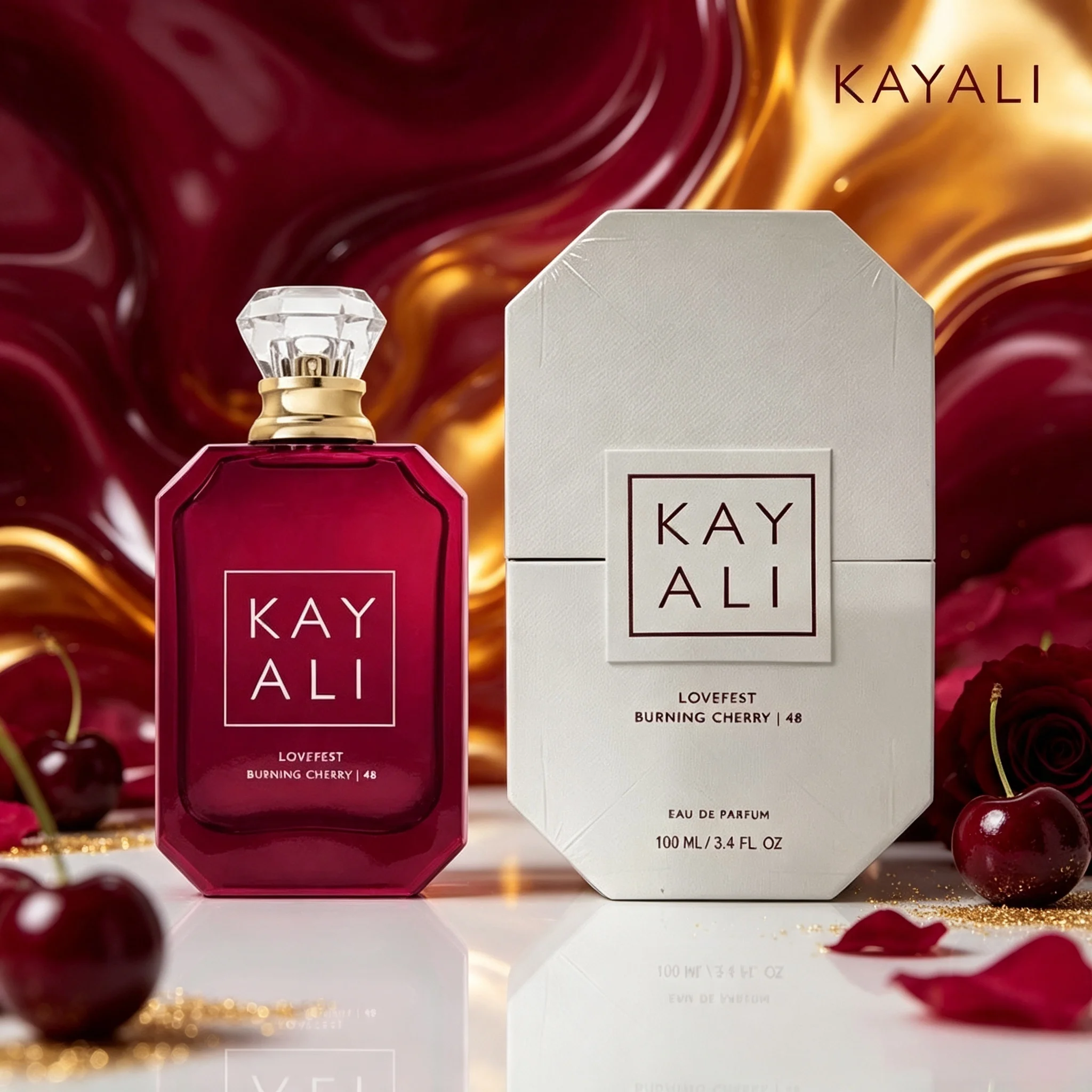 Lovefest Burning Cherry 48 Kayali Eau de Parfum 100ml, Bottiglia in Vetro Rosso con Tappo in Cristallo, Profumo Dolce a Lunga Durata