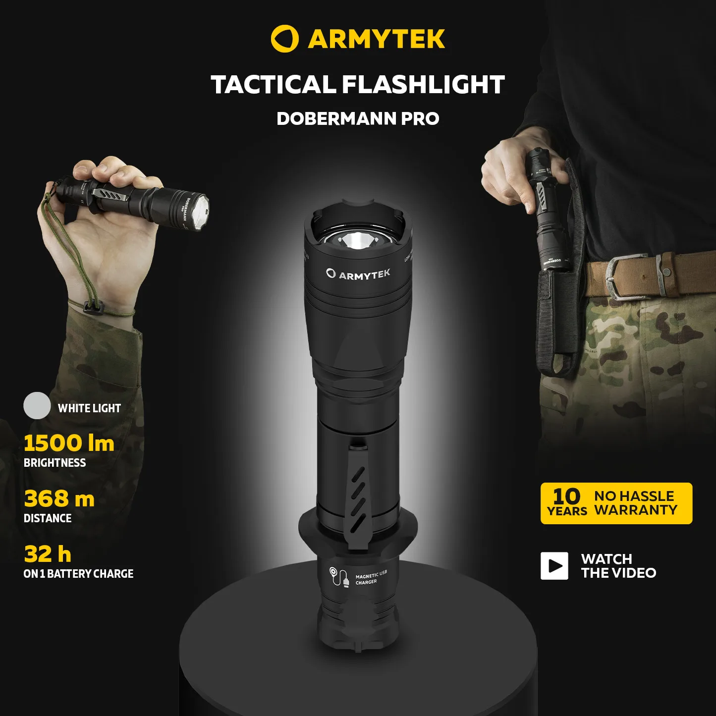 Tactical Flashlight Armytek Dobermann Pro Magnet USB Rechargeable Long Range (F07501C/F07501W)