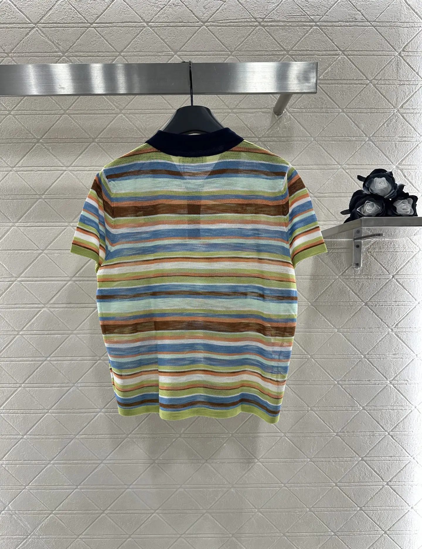 

2025 Summer New Colorful Striped Knitted Short Sleeve Wool Yarn Weaving Soft Comfortable Loose WYY-65