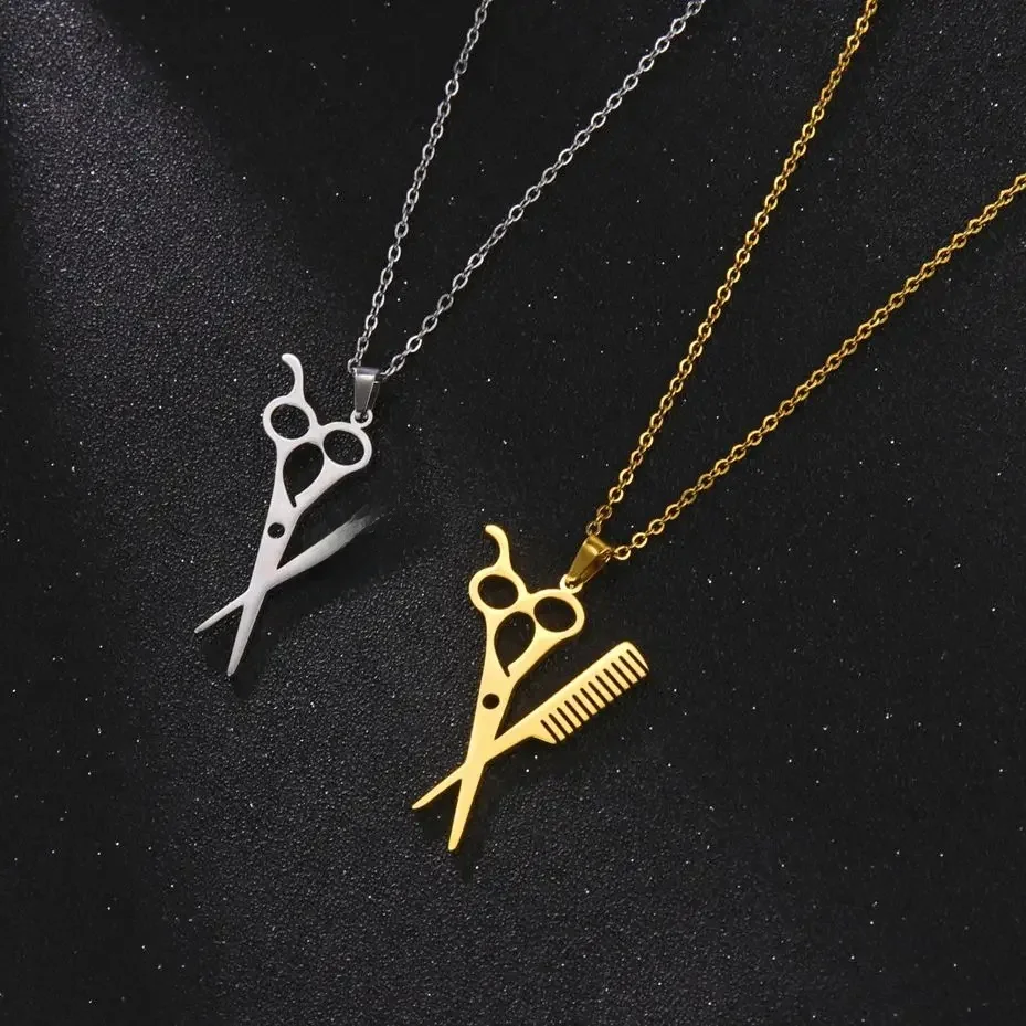 Lemegeton acier inoxydable ciseaux pendentif collier pour femmes coiffeur styliste ciseaux peigne colliers Punk bijoux cadeaux