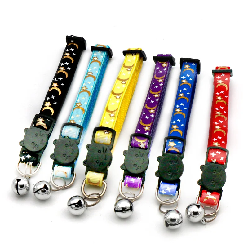 Gold Stars and Moon Cat Collar with Reflective Safety Buckle and Bell