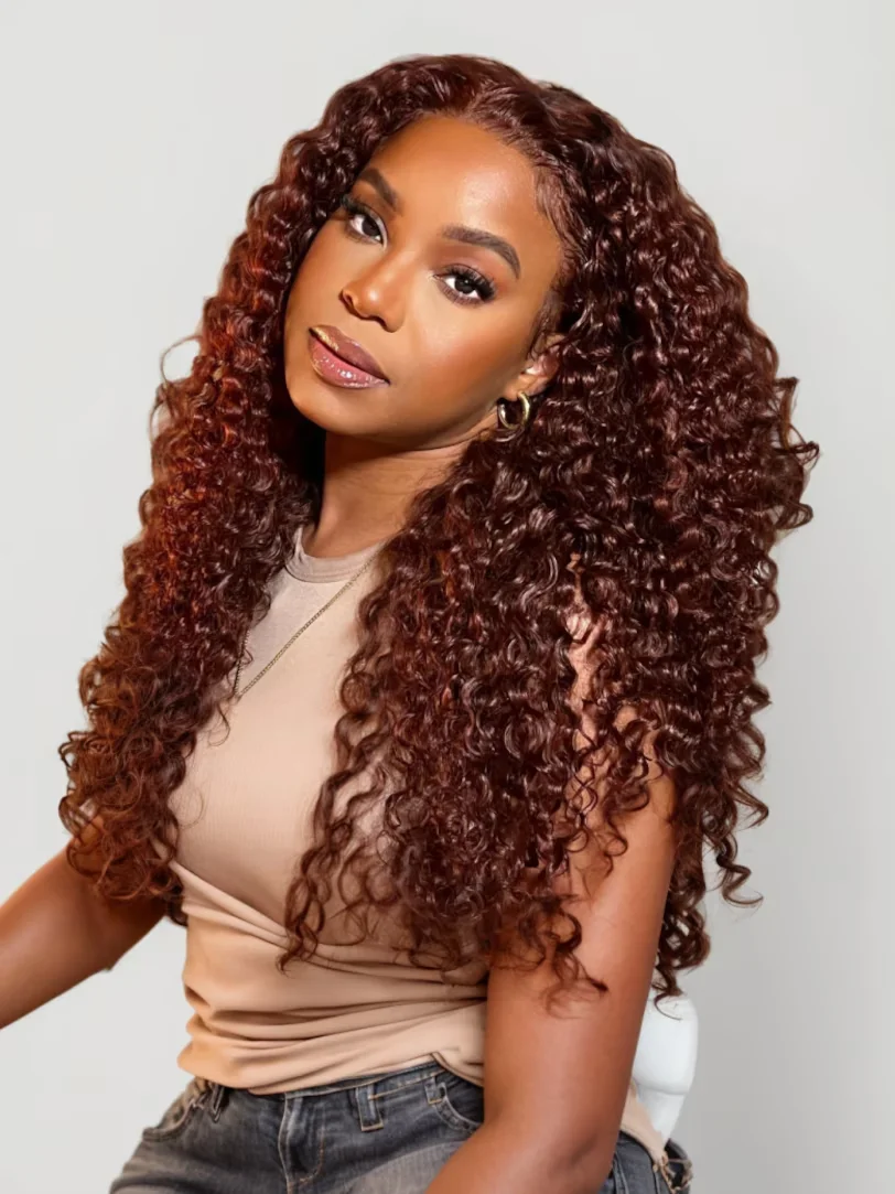 Reddish Brown Wig 30 Inch HD Transparent Lace Wigs 7x5 Glueless Deep Wave Human Hair 180% Density Copper Red Wet and Wavy