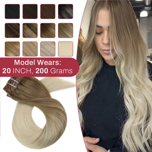 Extensiones de cabello con Clip Moresoo, 100% cabello humano Remy Real, extensión de cabello liso sedoso brasileño, extensión de cabello rubio Balayage