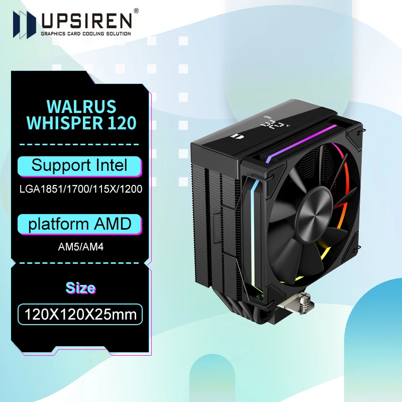 

UPSIREN Walrus Whisper 120 Temperature Digital Display air cooling radiator,6 heat pipes,Support LGA1851/1700/115X/AM5/AM4