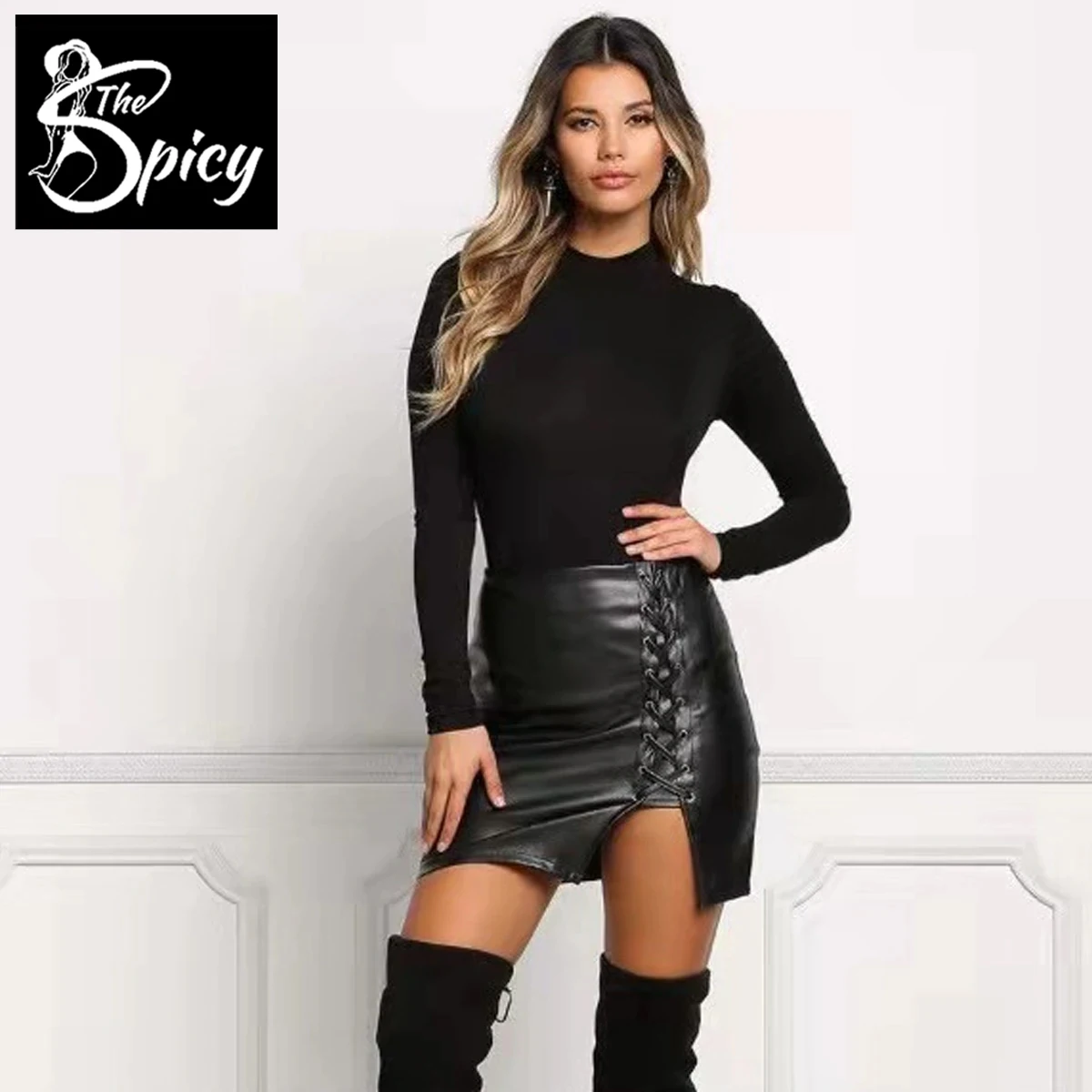 Ladies High-Waist Wrap Hem Side-Slit Bodycon Skirt with Belt - Stylish and Sexy