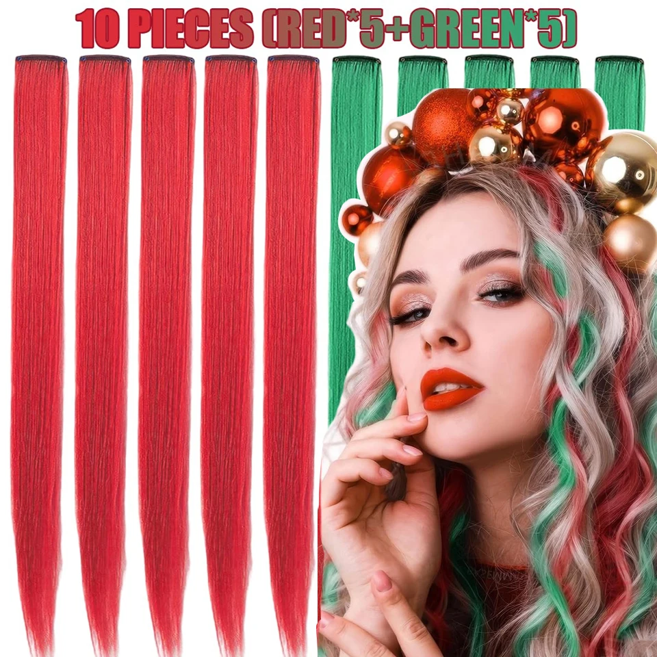 Ekstensi Rambut Warna Sintetis Rambut Lurus Warna-warni Highlight Potongan Rambut Aksesoris Rambut untuk Wanita Hadiah Natal Tahun Baru