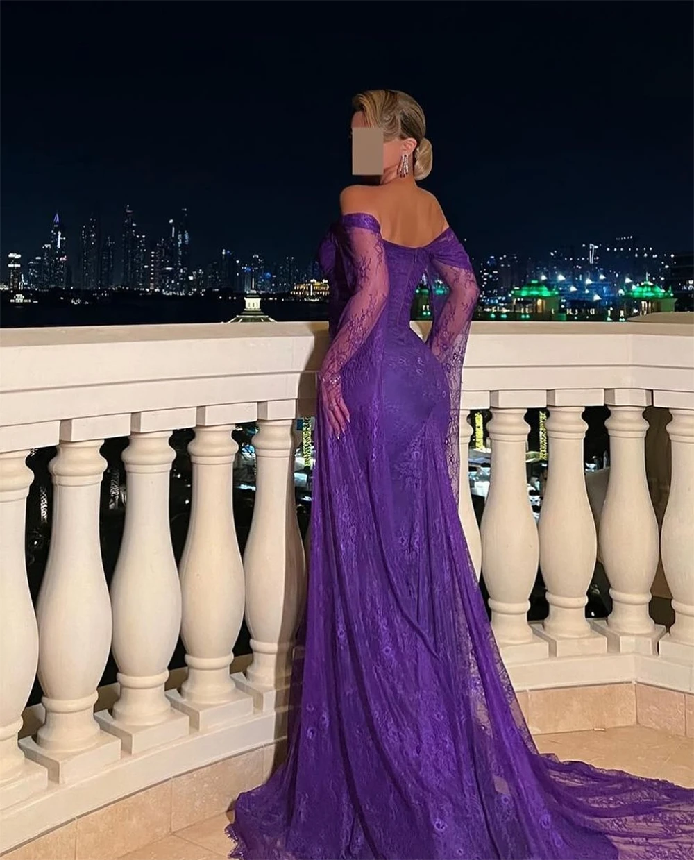 فستان حورية البحر أرجواني مخصص من Sansa بأكمام طويلة للحفلات الراقصة ورقبة على شكل قلب فيستدوس دي نوش ذيل محكمة سهرة رسمية 2025