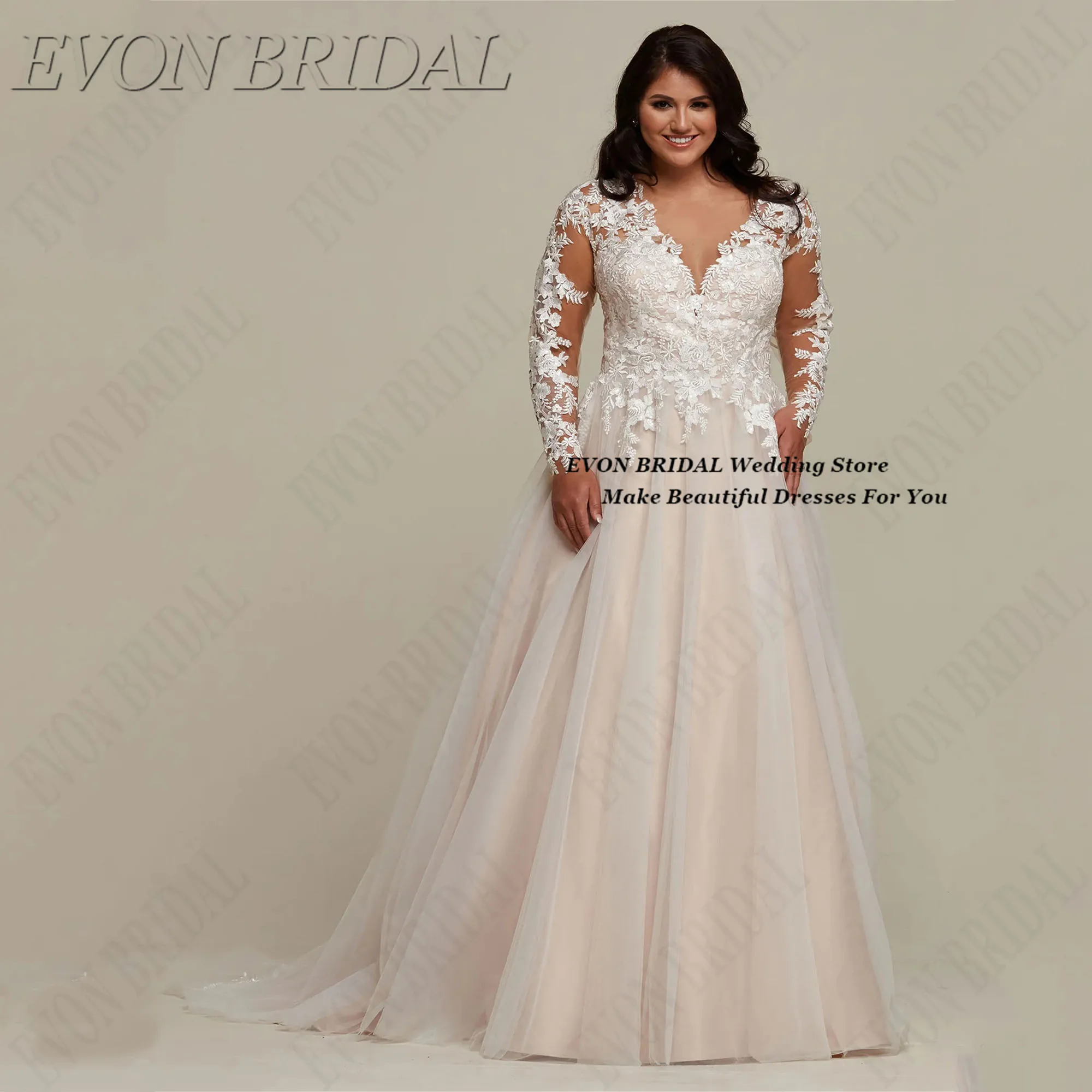 

Long Sleeve Plus Size Wedding Dresses Exquisite Appliques Woman Bride Dresses Classic Party Wedding Gowns EVON BRIDAL Customized