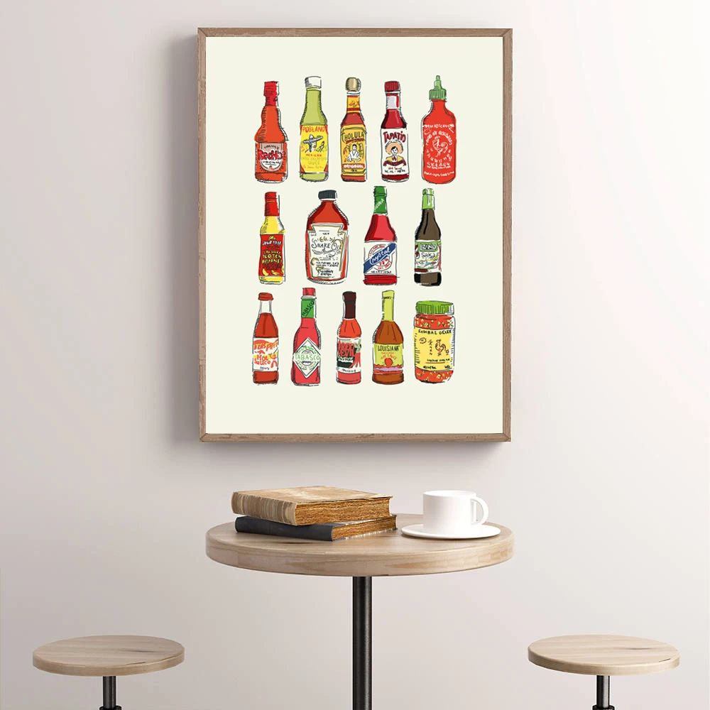 Classic Hot Sauces Poster Condiments Print Foodie Wall Art Canvas Painting Spice Lover Illustration Picture Kitchen Decoration