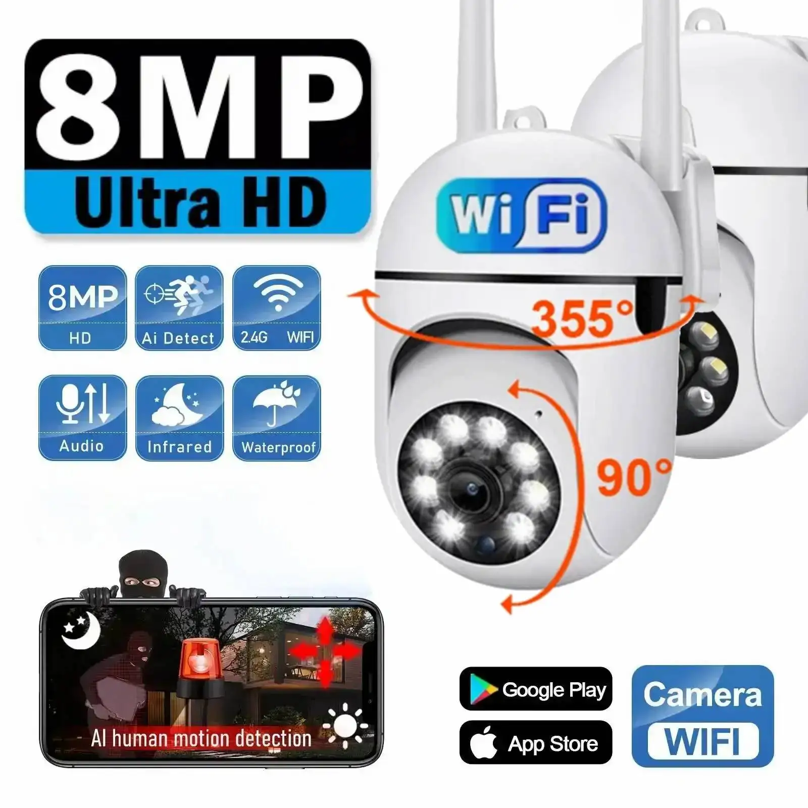 8MP Wireless Security Surveillance PTZ Camera Wifi IP Outdoor 4X Zoom Cameras AI Human Tracking Two-way Audio HD Night Color Cam