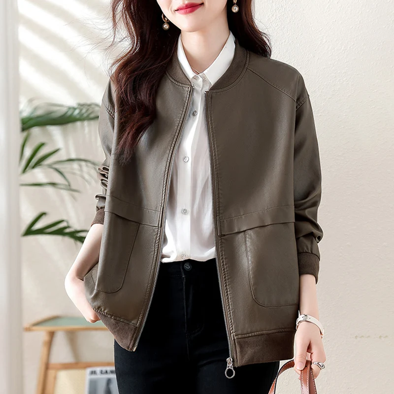 Style Ayu Women Spring Autumn Short Leather Jacket Loose Round Neck rider Jacket JP0501