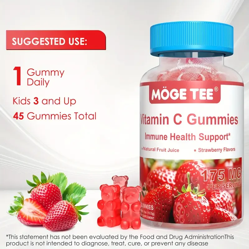 MOGE TEE Vitamin C Gummy Bears-Иммунная поддержка, клубничный аромат, 45 штук