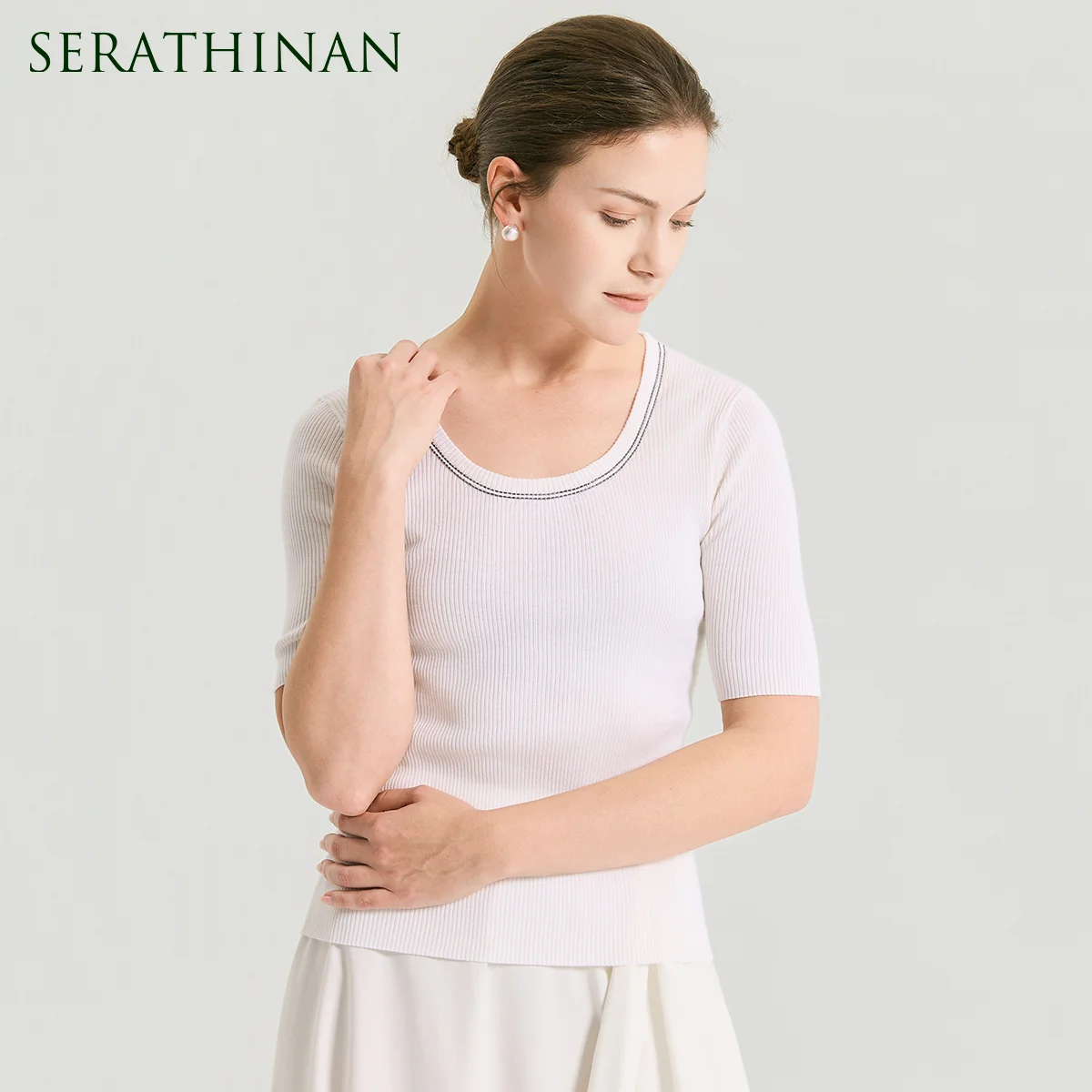 BD4611501 Women Wool Silk Short Sleeve Knitwear U-Neck Ribbed Body Beaded Collar Trim Soft Stretch Summer Top Shirt
