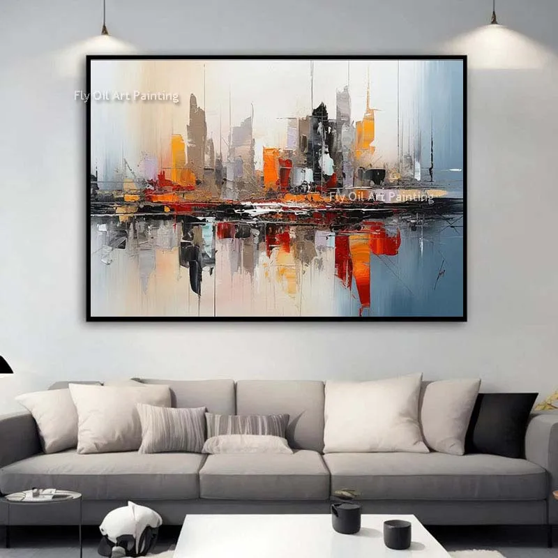 

Colourful Canvas Painting Handmade Skyline Landmarks Abstract Oil Painting Simple Style Modern Design For Home Decor Wall Art