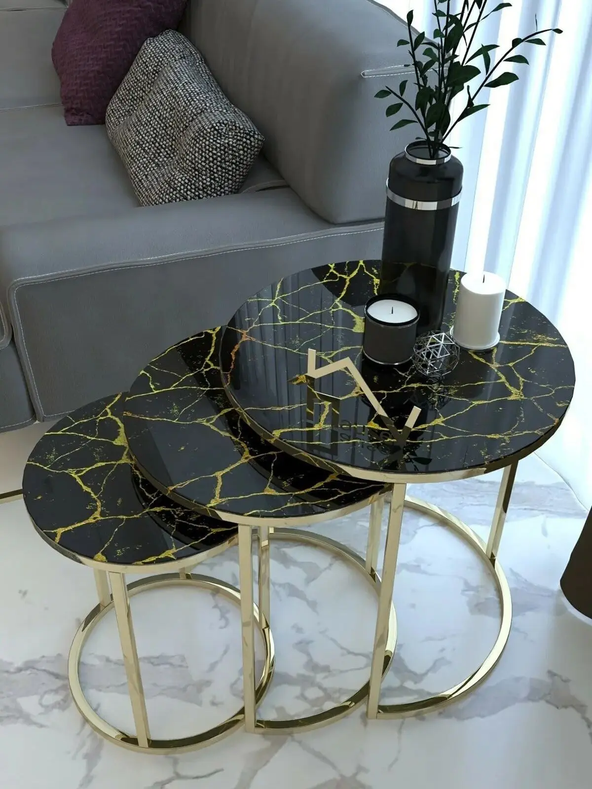 Decorative Gold Nesting Table Set of 3 Unbreakable Tempered Glass Luxury Marble Design 3Pcs Coffee Table for Living Room 3Pcs