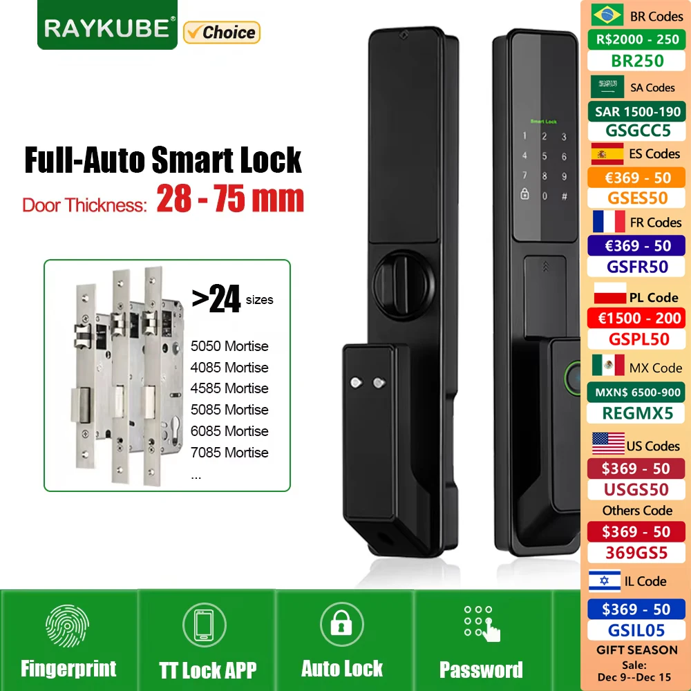 

RAYKUBE V1 TT Lock BLE Full-auto Advanced Electronic Fingerprint Smart Door Lock With TT Lock APP/NFC/ICCard/Password/Key Unlock