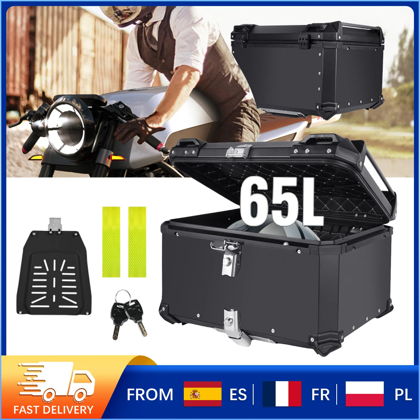 Baúl Superior para Motocicleta de 65L, de Aleación de Aluminio, Impermeable, de Gran Capacidad, con Cerradura de Seguridad y Pegatinas Reflectantes