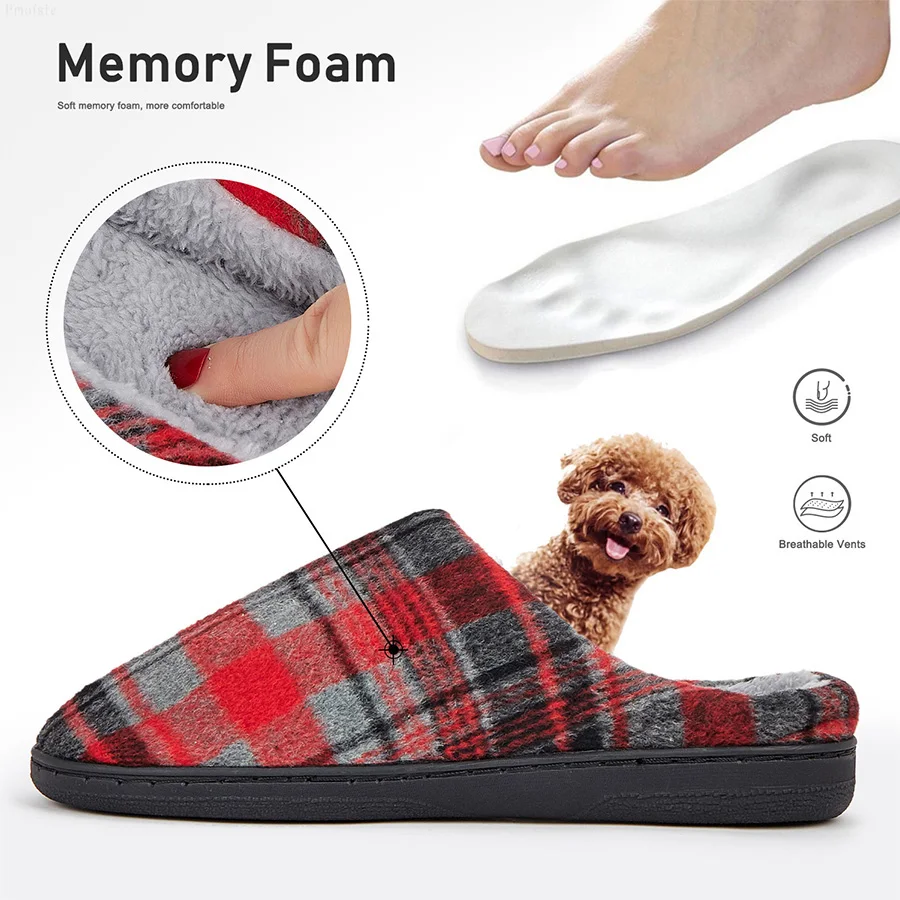 Plaid Men Slippers For Home Memory Foam Soft Non-slip Warm Plush House Shoes Mens Bedroom Slippers Winter Big Size Luxury