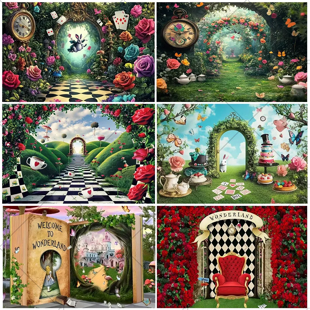

Alice in Wonderland Party Backdrop Children Happy Birthday Decoration Photographic Background Baby Shower Banner Photo Studio