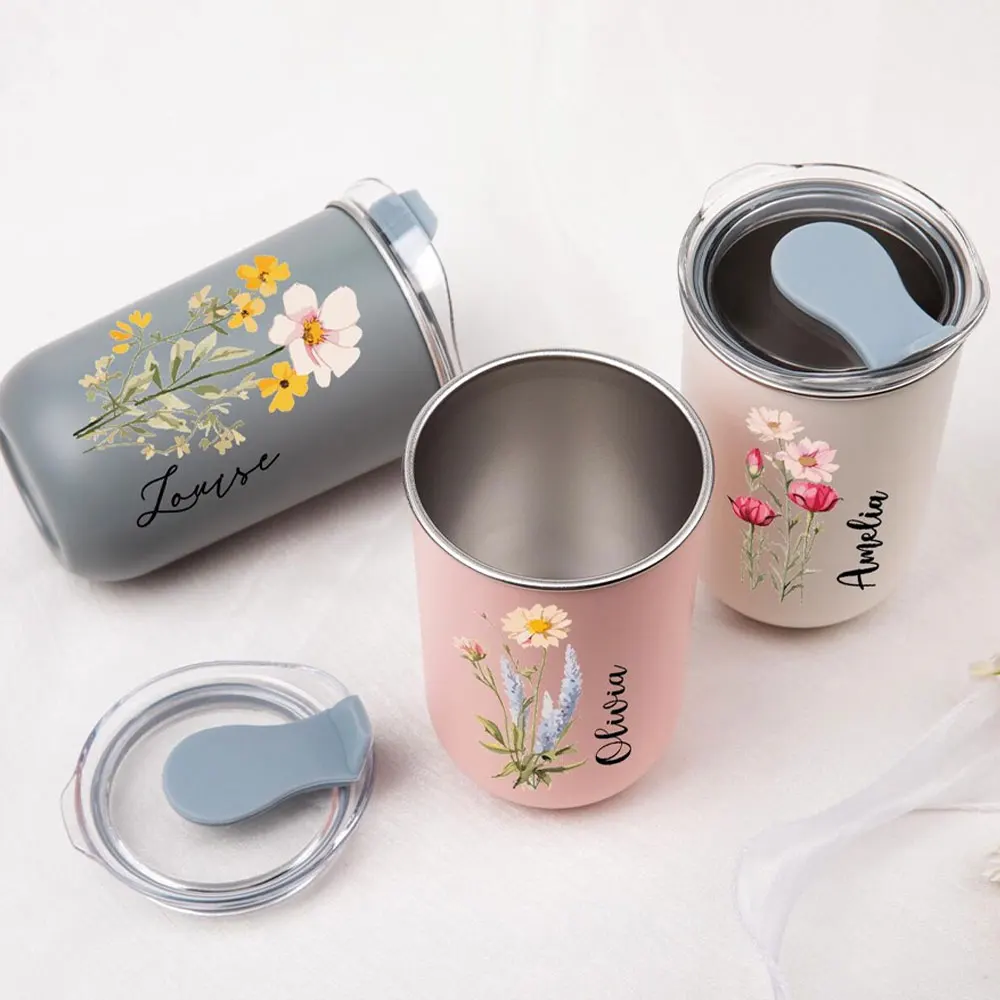 Custom Wildflower Tumbler with Lid, Personalized Birth Flower Coffee Cup, Portable Travel Mug for Women Gift,Christmas Gift.