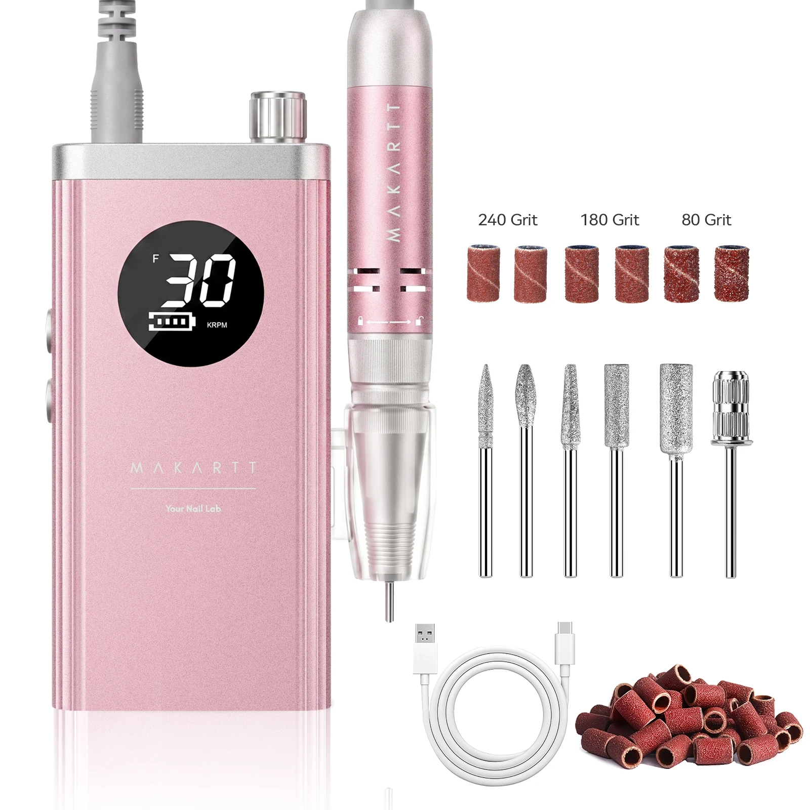 Makartt Rechargeable Nail Drill 30000RPM Pink-48W Motor, 8H Battery,Quiet LCD Display,for Beauty School Home & Pro Use Manicure