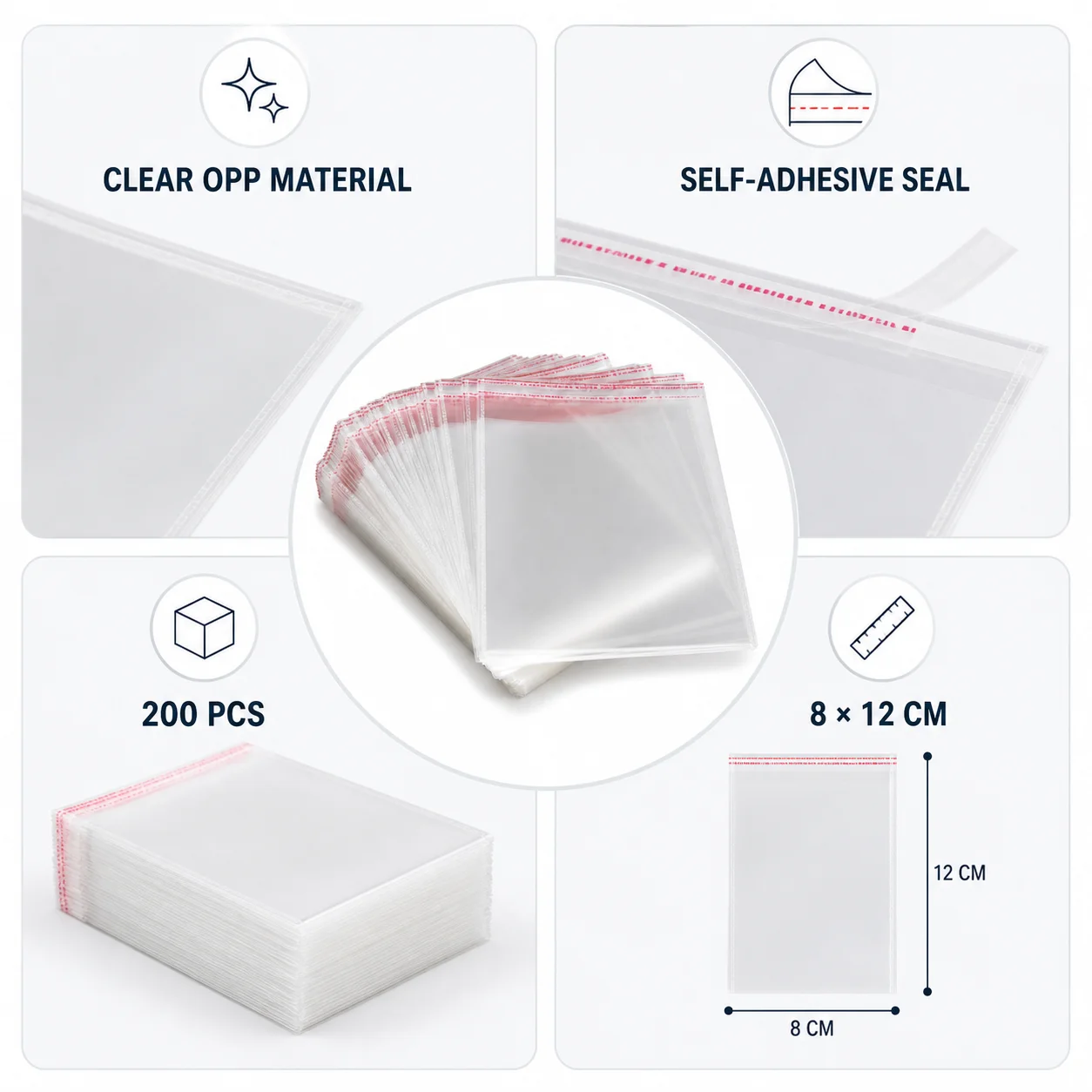 Clear OPP Cellophane Bags Self-Adhesive Strong Seal 8x12cm 200 Pcs Transparent Bags for Jewelry Beads and Crafts Best Choice 2026