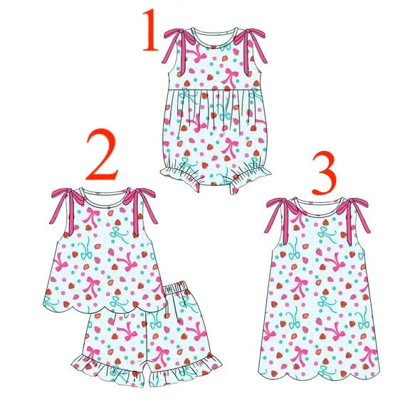 Boutique children's set Strawberry bow print sleeveless bow shorts Lace girl set Baby one-piece dress 3-piece set