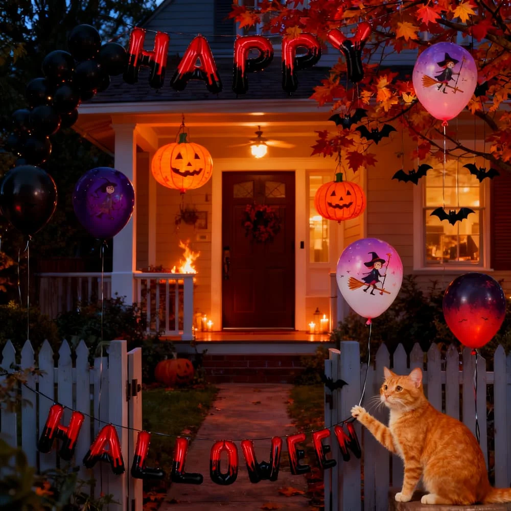 

14PCS Happy Halloween Balloons Banner 16 Inch Mylar Foil Black and Red Foil Letter Balloons Halloween Party Decorations Props