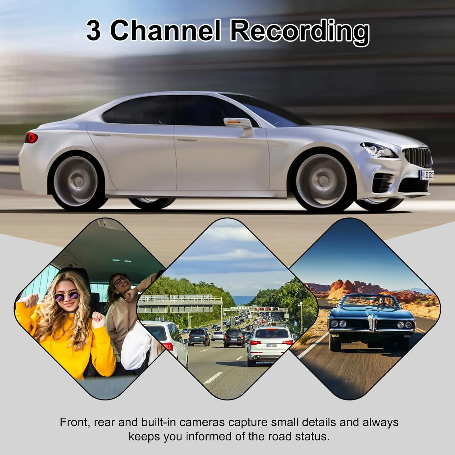 3 Channel Dash Cam Front and Rear Inside 1080P 3 Way Triple Car Camera with IR Night Vision Loop Recording