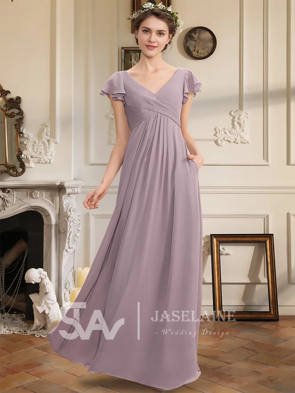 Aラインのロング丈シフォンブライズメイドドレス、カスケードフリル、Vネック、半袖、エレガントなウェディングパーティー、イブニングゲスト用