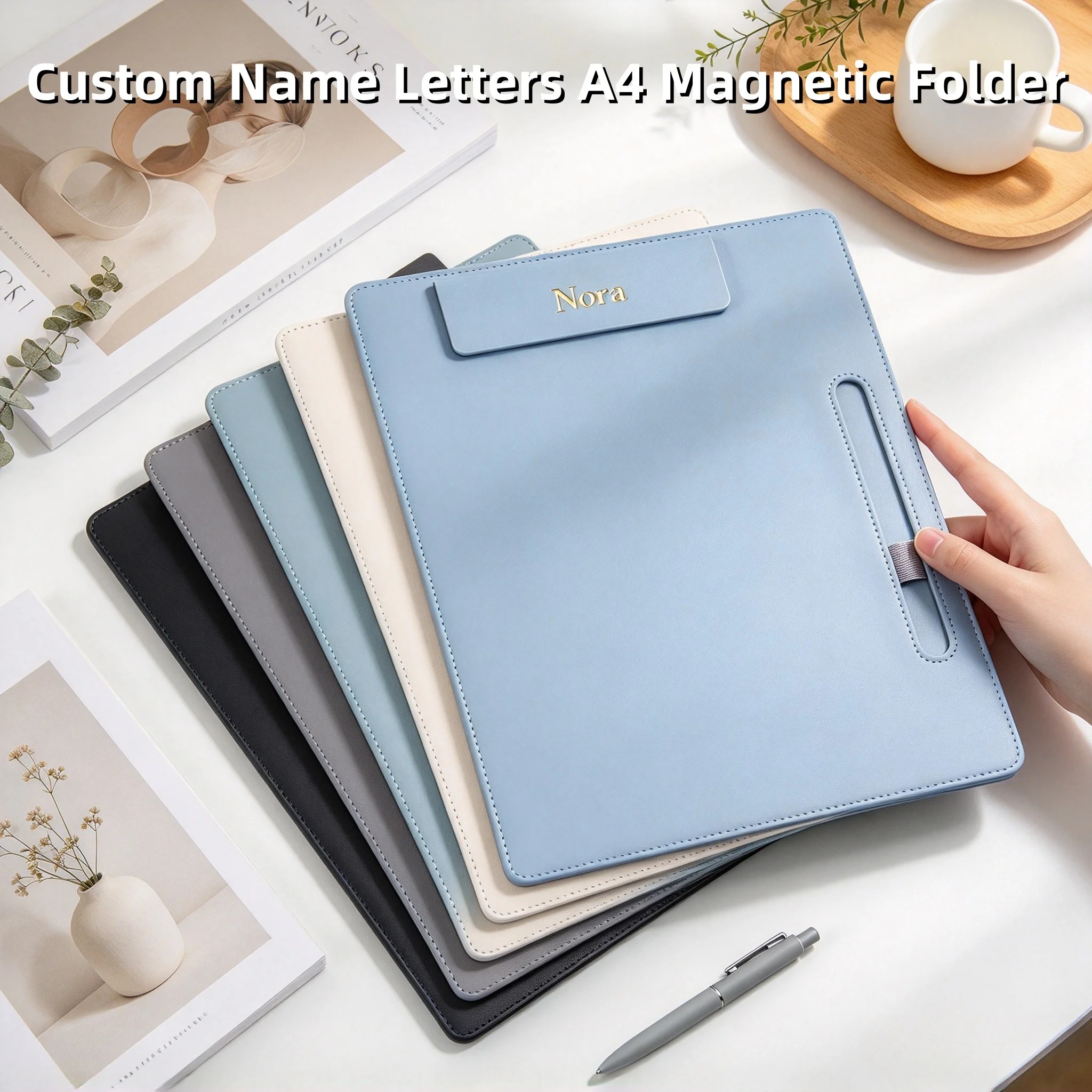 Business Office Custom Logo Leather Writing Pad | A4 Paper File Organizer with Pen Slot | Engrave Name for Teacher Doctor