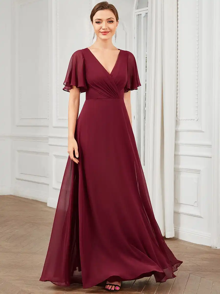 Simple Chiffon Tie-Back Keyhole Short Sleeve A-line Bridesmaid Dress V Neck Pleated Prom Dresses Floor Length Evening Dresses