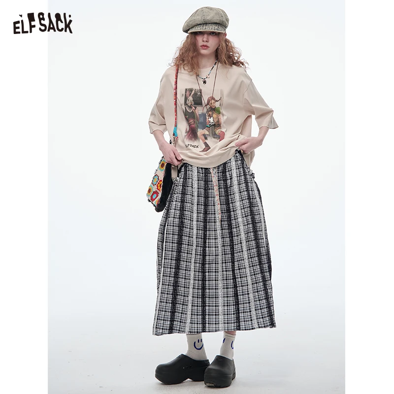 ELFSACK 2025 Spring New Arrivals Sweet Bow Pleated Plaid Skirt Women Lace Stitching Loose Long Skirt