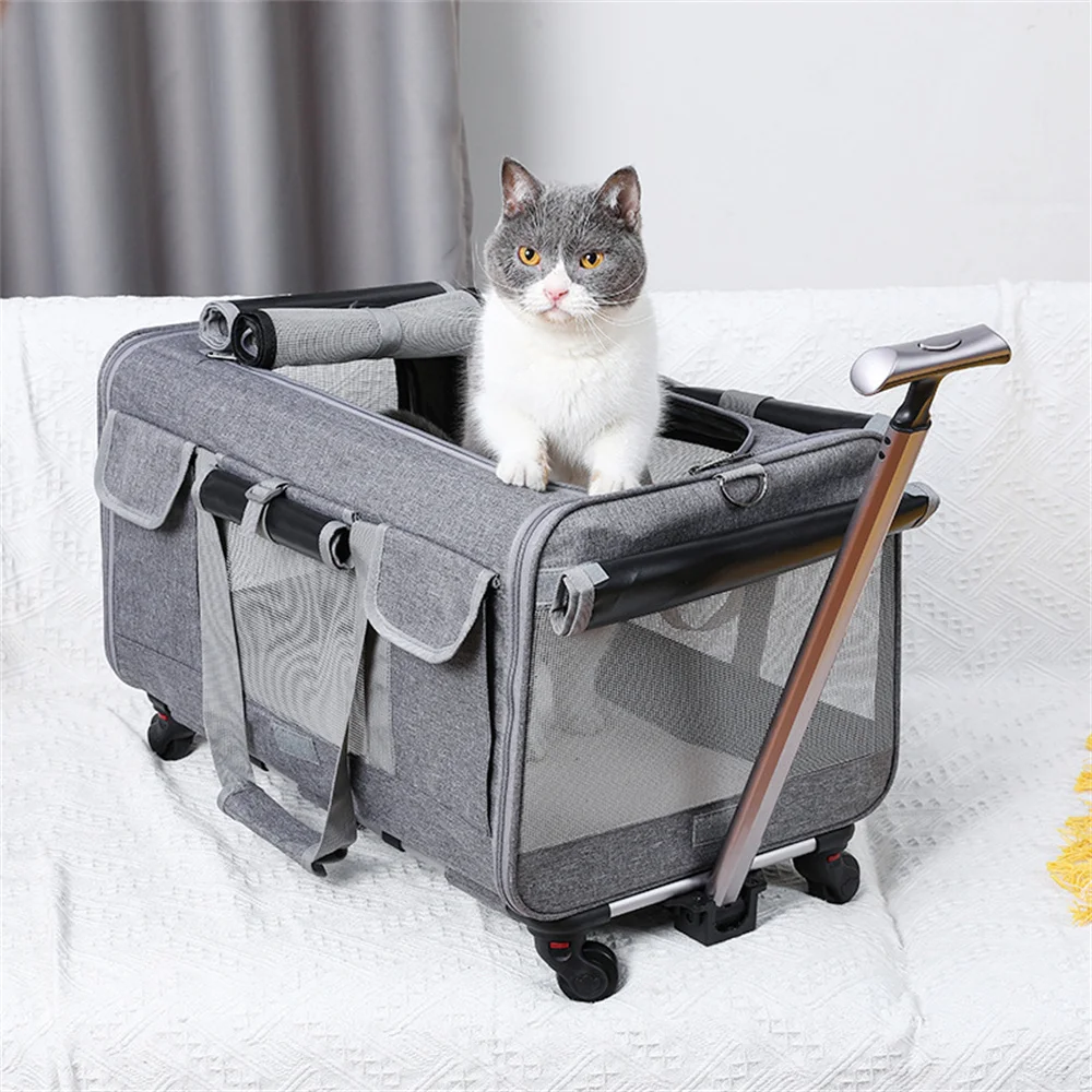 New Cat And Dog Outdoor Bag Portable Pet Trolley Case Removable Universal Wheel Breathable Foldable Large Capacity Pet Bag