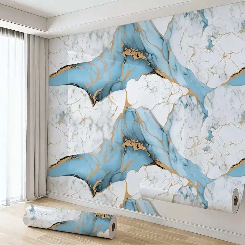 Blue Self-Adhesive Oil-Proof PVC Wallpaper Waterproof Easy To Wipe Wall Sticker Suitable For Kitchen And Bathroom Renovation.
