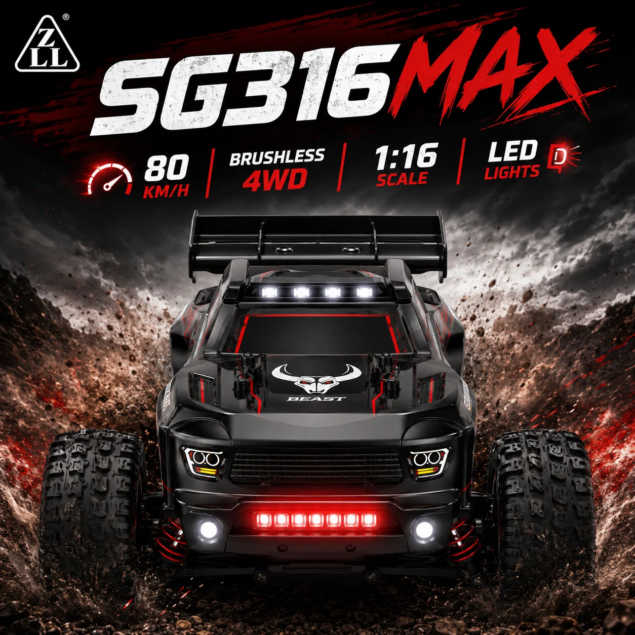 Bürstenloser RC-Wagen mit Höchstgeschwindigkeit von 80 km/h für Alle Geländearten, mit Helligkeits-LED, 2,4G Fernbedienung, 1/16 RTR Truck, 4WD Offroad-Auto
