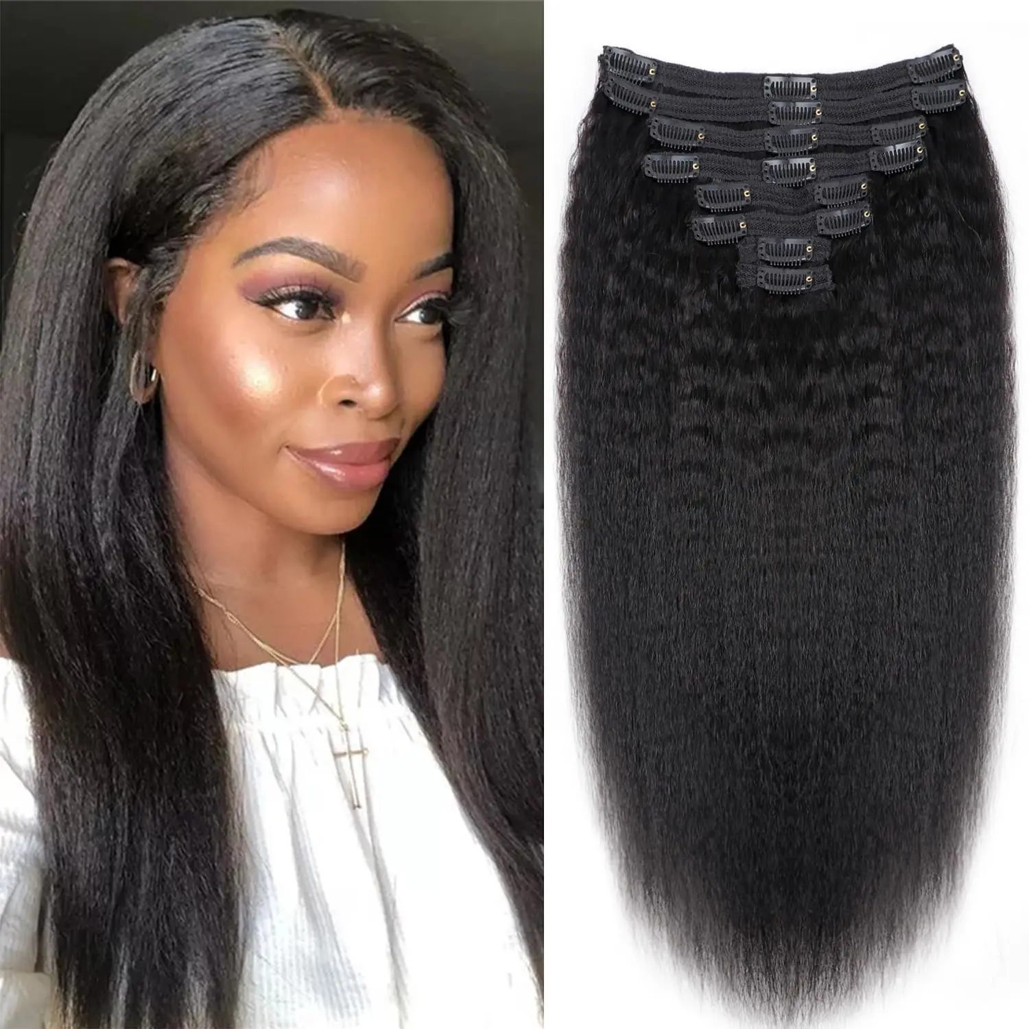 Kinky Straight Clip In Hair Extensions 100% Real Human Hair Natural Black 8 Pcs/120g Full Head Brazilian Remy Clip ins Seamless