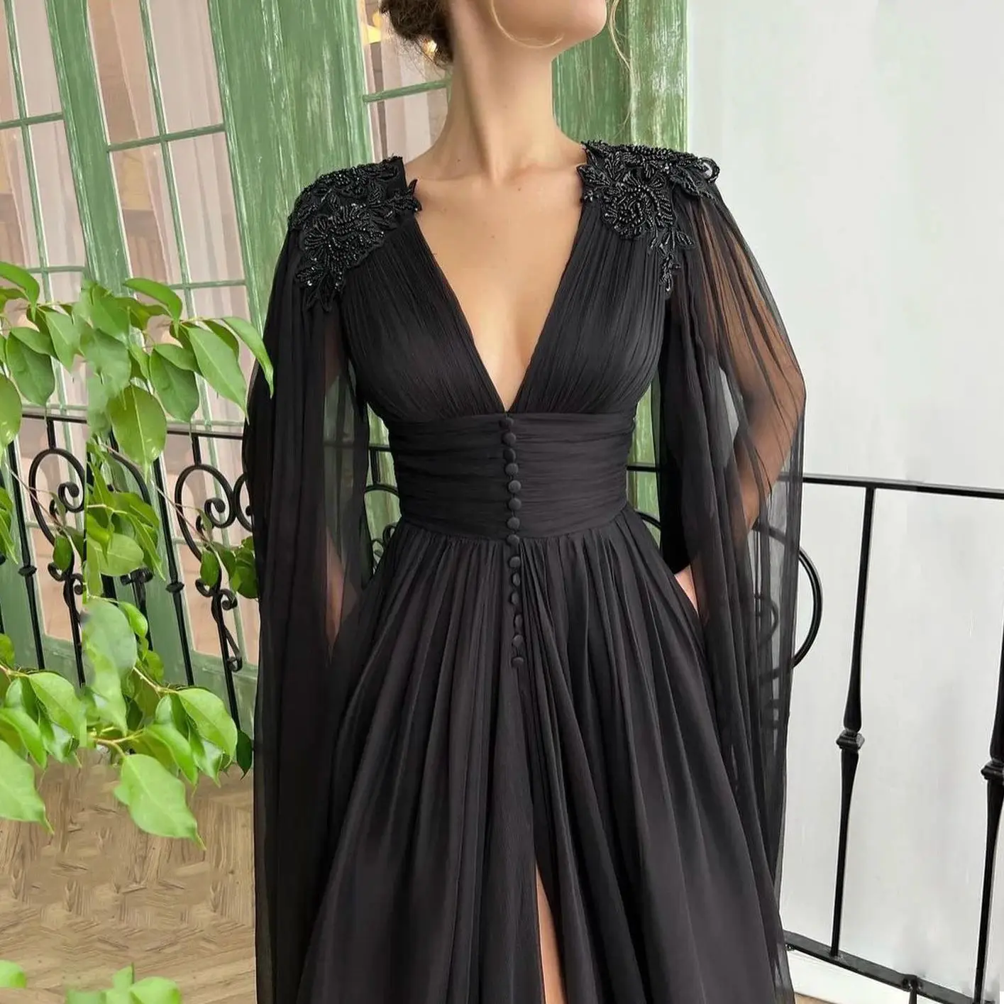 Sexy A-line Beaded Pleat Chiffon Prom Dress V Neck Applique High Waist Evening Party Gowns Floor length Formal Occasion Dresses