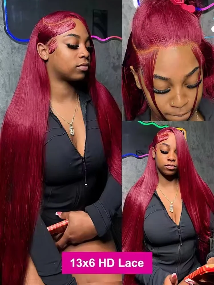 

13x6 HD Парик из натуральных волос на кружеве 99J Красный бордовый цвет HD Прозрачный предварительно сорванный парик из натуральных волос на кружеве Прямые