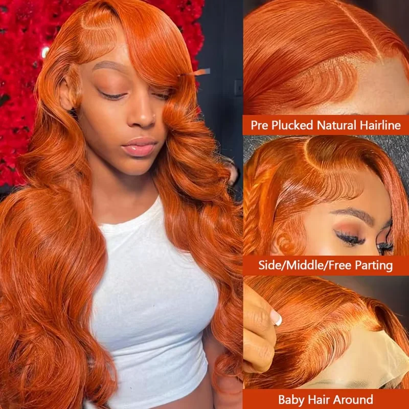 Wig Rambut Asli Ginger Orange Body Wave 13x6 HD Lace Front, Kepadatan 250, Pre Plucked, Remy Hair