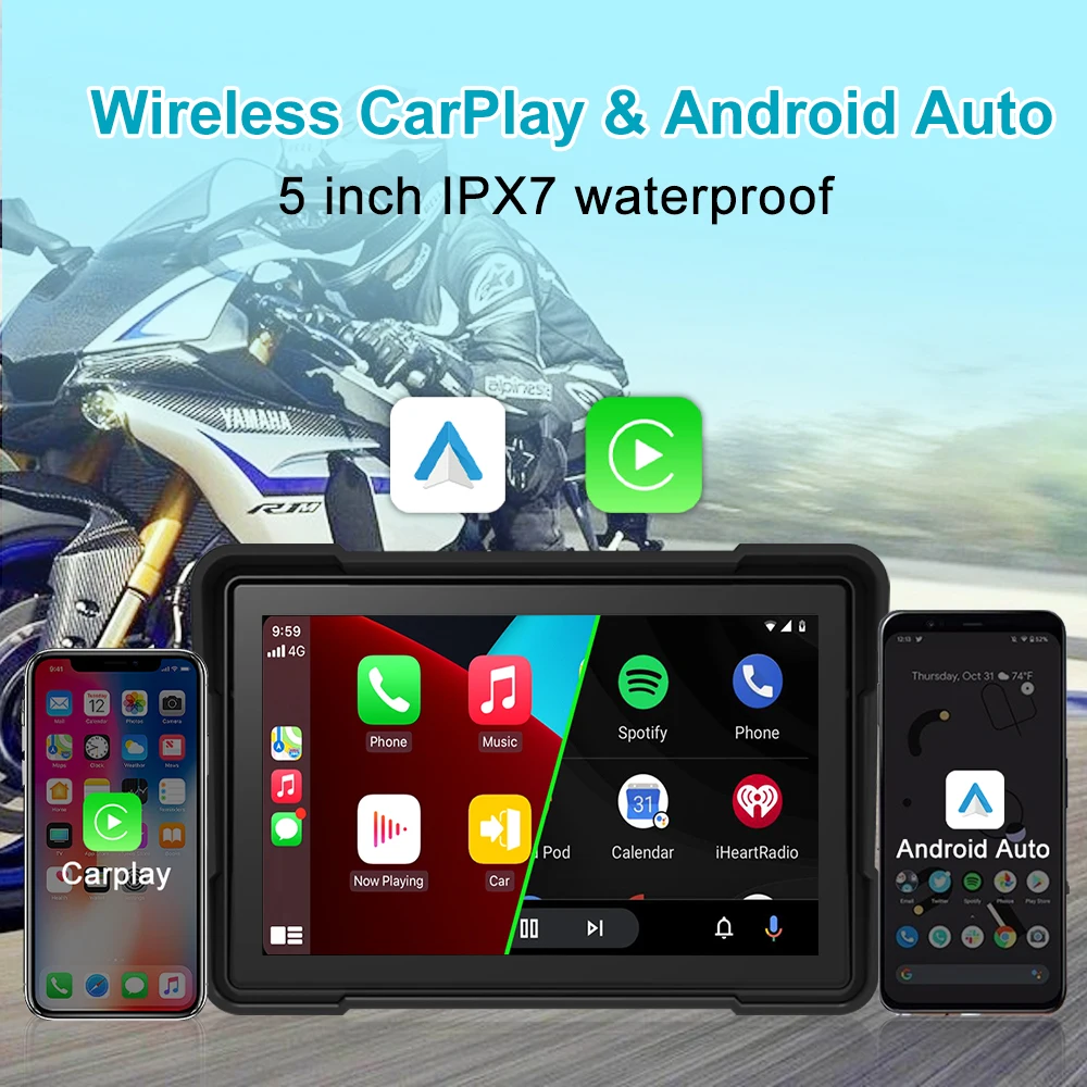 PEERCE 5 Inch Portable Motorcycle CarPlay GPS Navigation Waterproof Display Android Auto HD 1080P Touch Screen Dash Cam TPMS