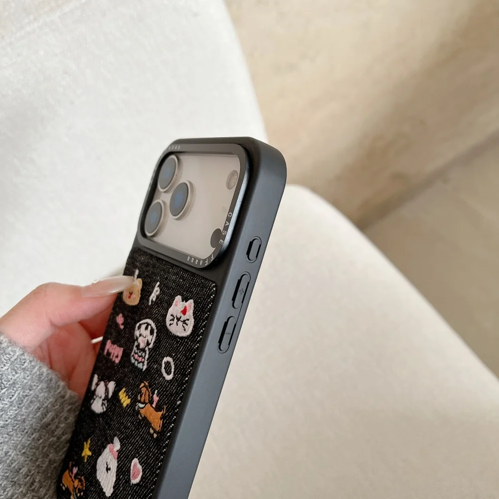 Denim embroidered cute puppy phone case, suitable for iPhone 14/15/16/17 Pro Max, 17 Pro INS new shockproof protective case