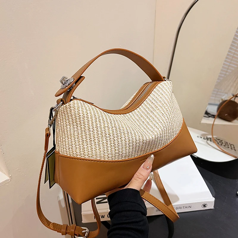 

Stylish Woven Leather Shoulder Bag for Women - Brown and Beige Handbag - Crossbody, Casual, Fashion, Trendy, Lightweight, Durabl